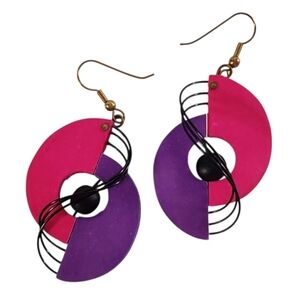 🟢 Vintage 80s Pink Purple Geometric Dangle Statement Earrings Retro Art Deco